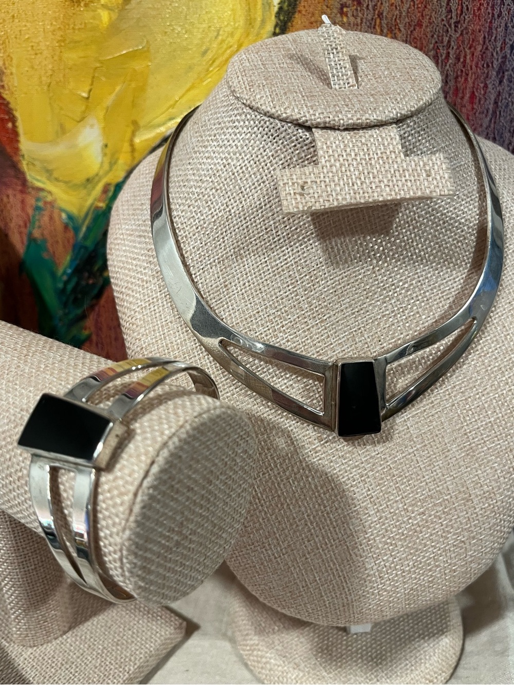 Stunning Contemporary Sterling Silver Necklace and Bracelet Set with Black Inlay